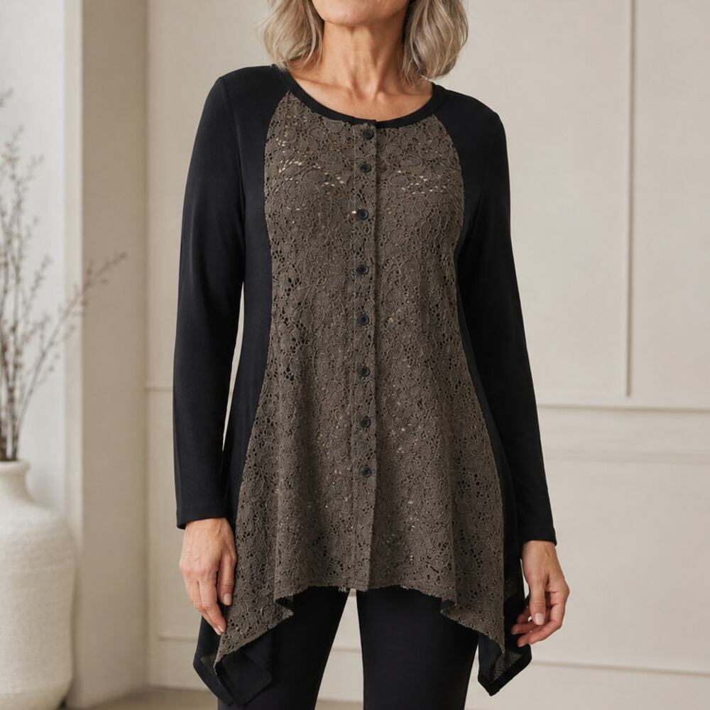 Comfy USA Button Front Tunic Size Large Black Taupe Lace Asymmetrical Lagenlook